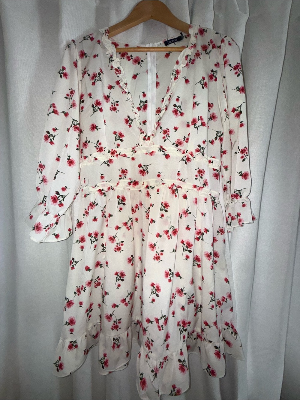 Boohoo Cream Floral Long Sleeve Dress with Pink Roses